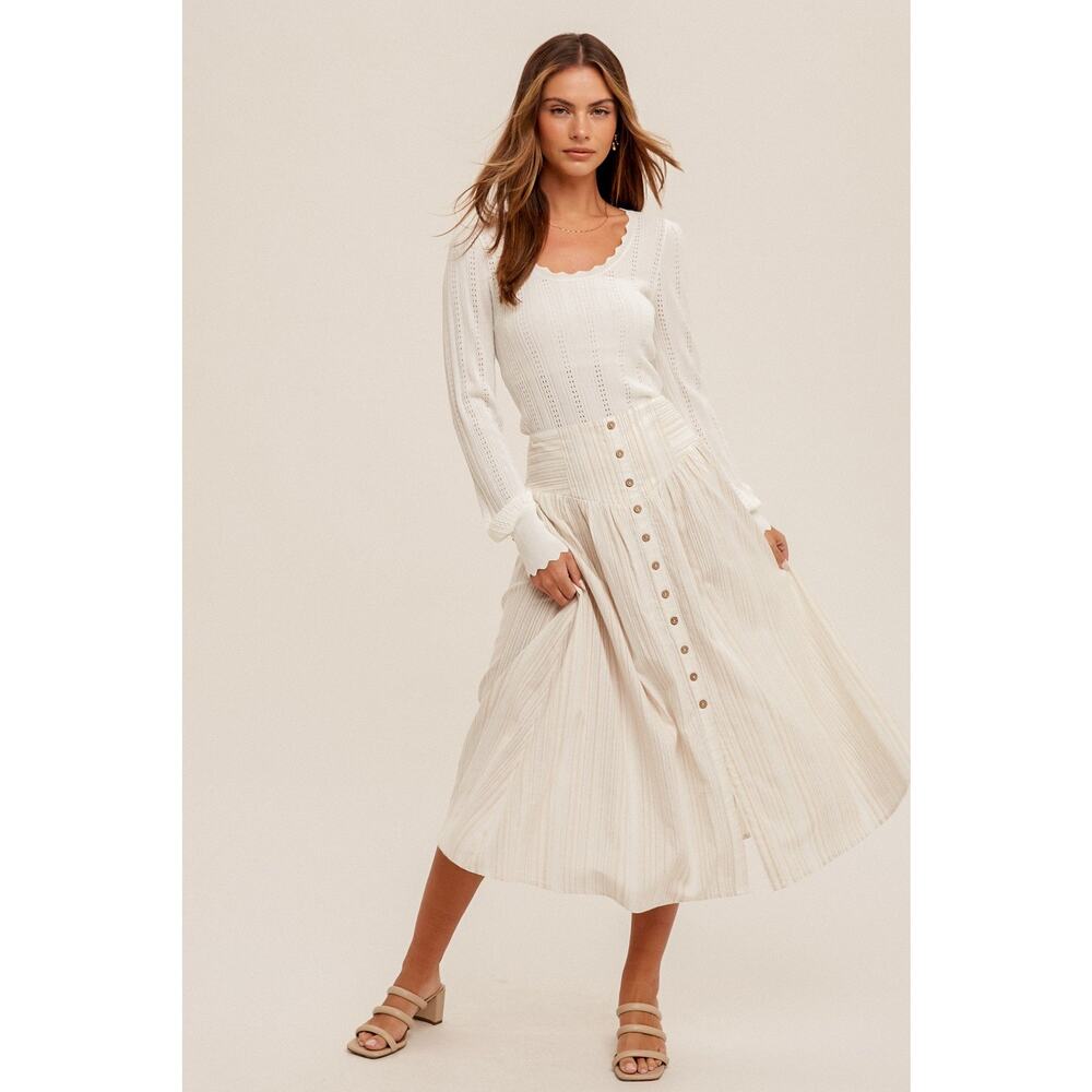 Button Front Smocked Back Multi Striped Midi Skirt